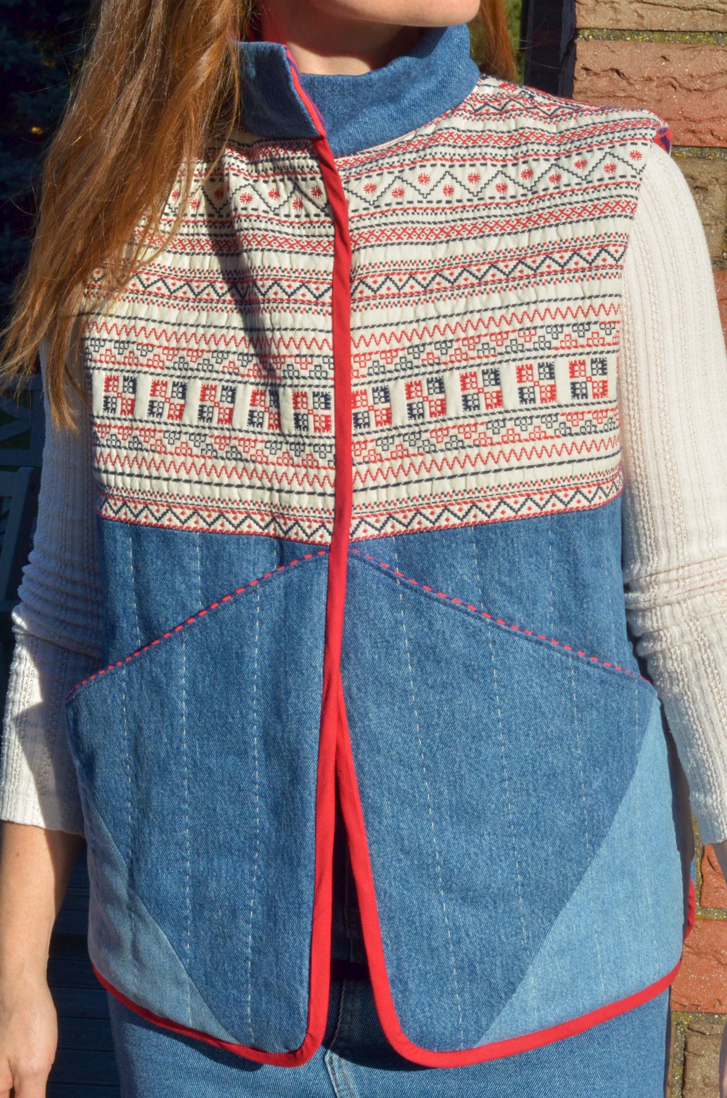 Quilted Jean Vest With Embroidery