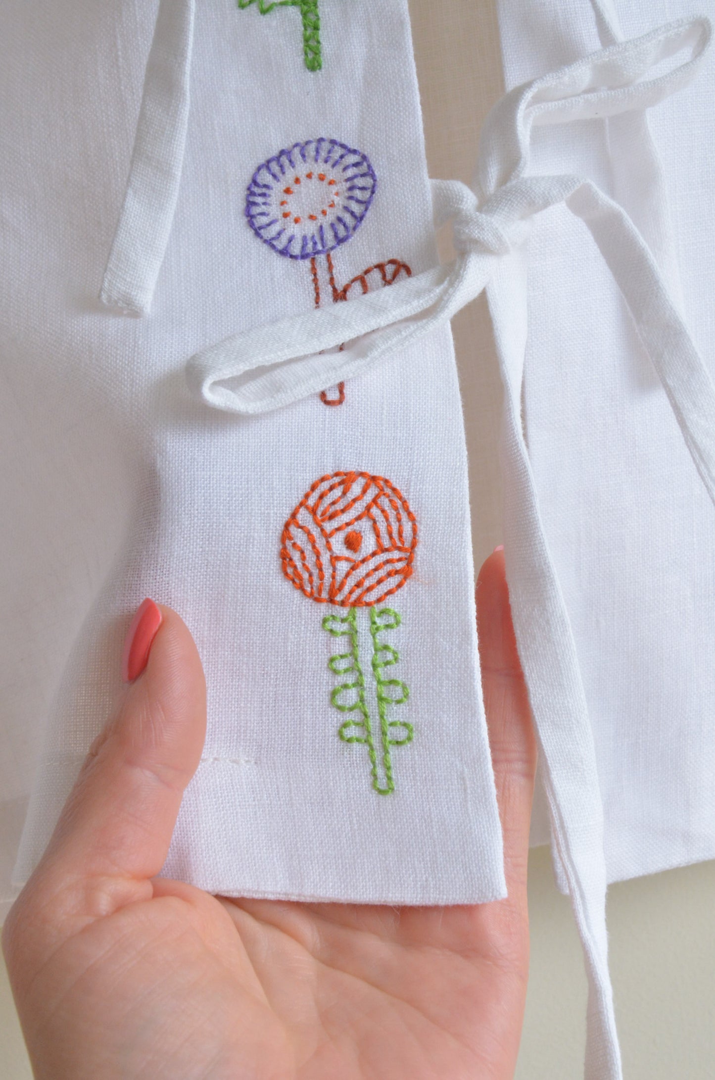 Tie-front Linen Vest with Embroidery
