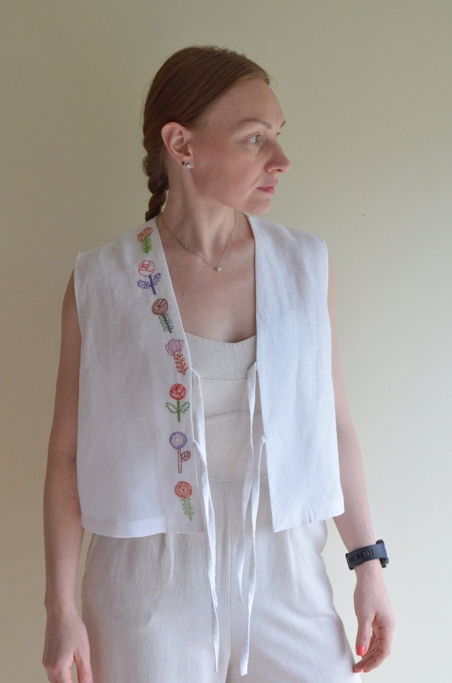 Tie-front Linen Vest with Embroidery