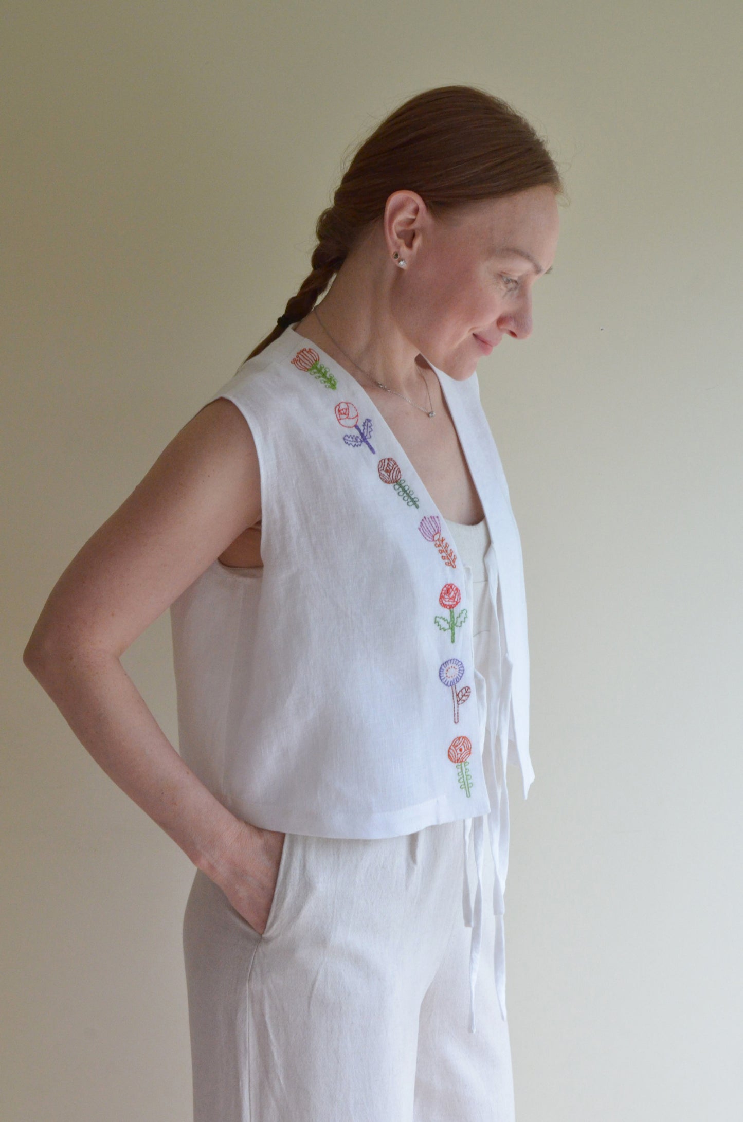 Tie-front Linen Vest with Embroidery