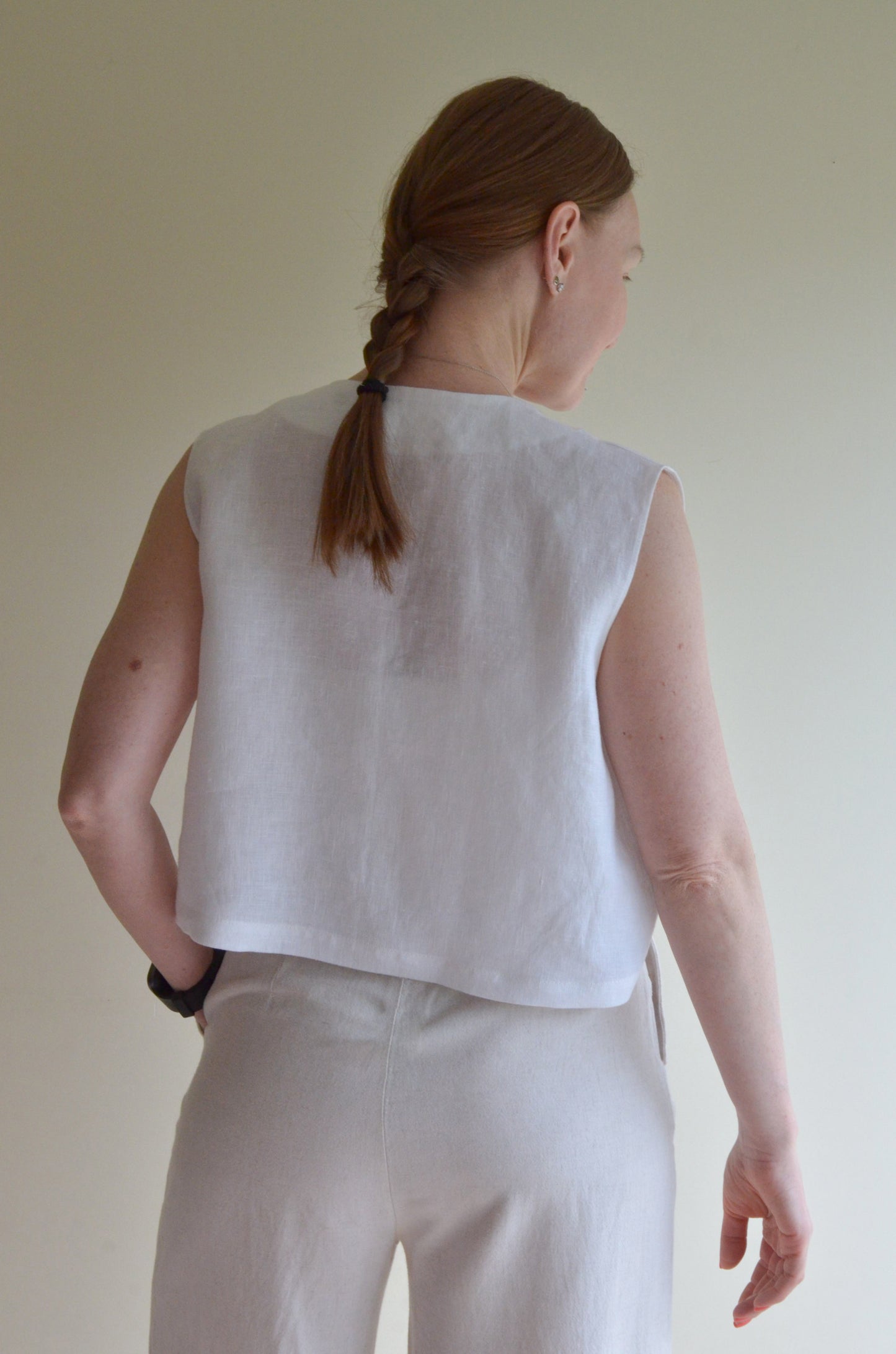 Tie-front Linen Vest with Embroidery