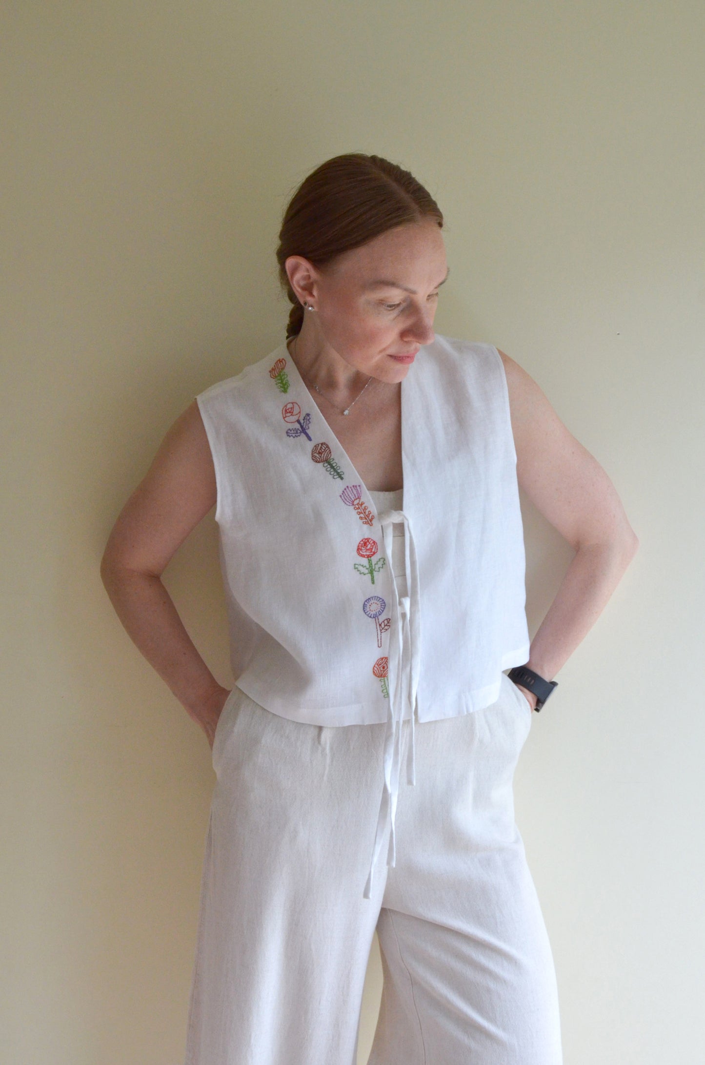Tie-front Linen Vest with Embroidery