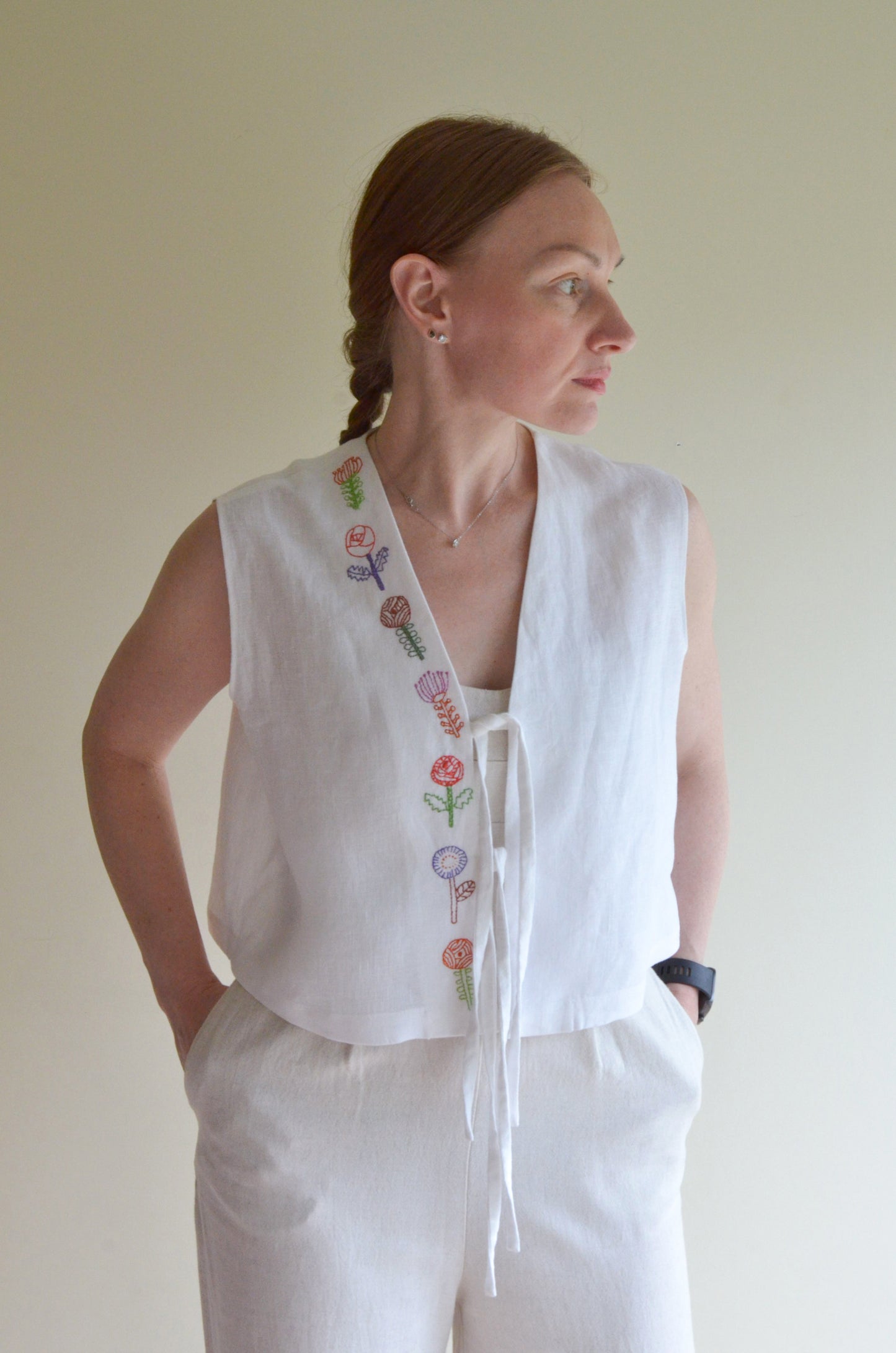 Tie-front Linen Vest with Embroidery