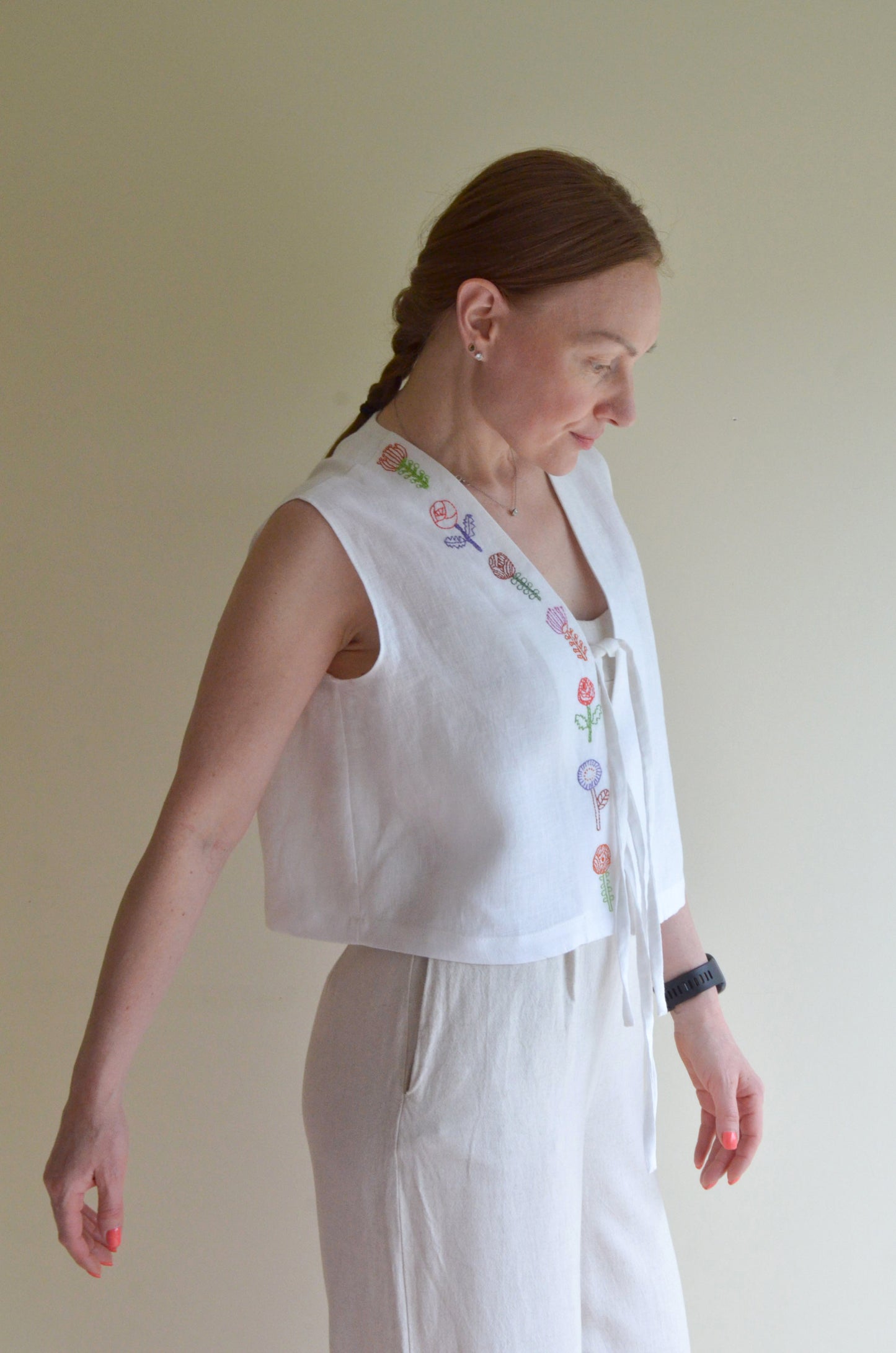 Tie-front Linen Vest with Embroidery