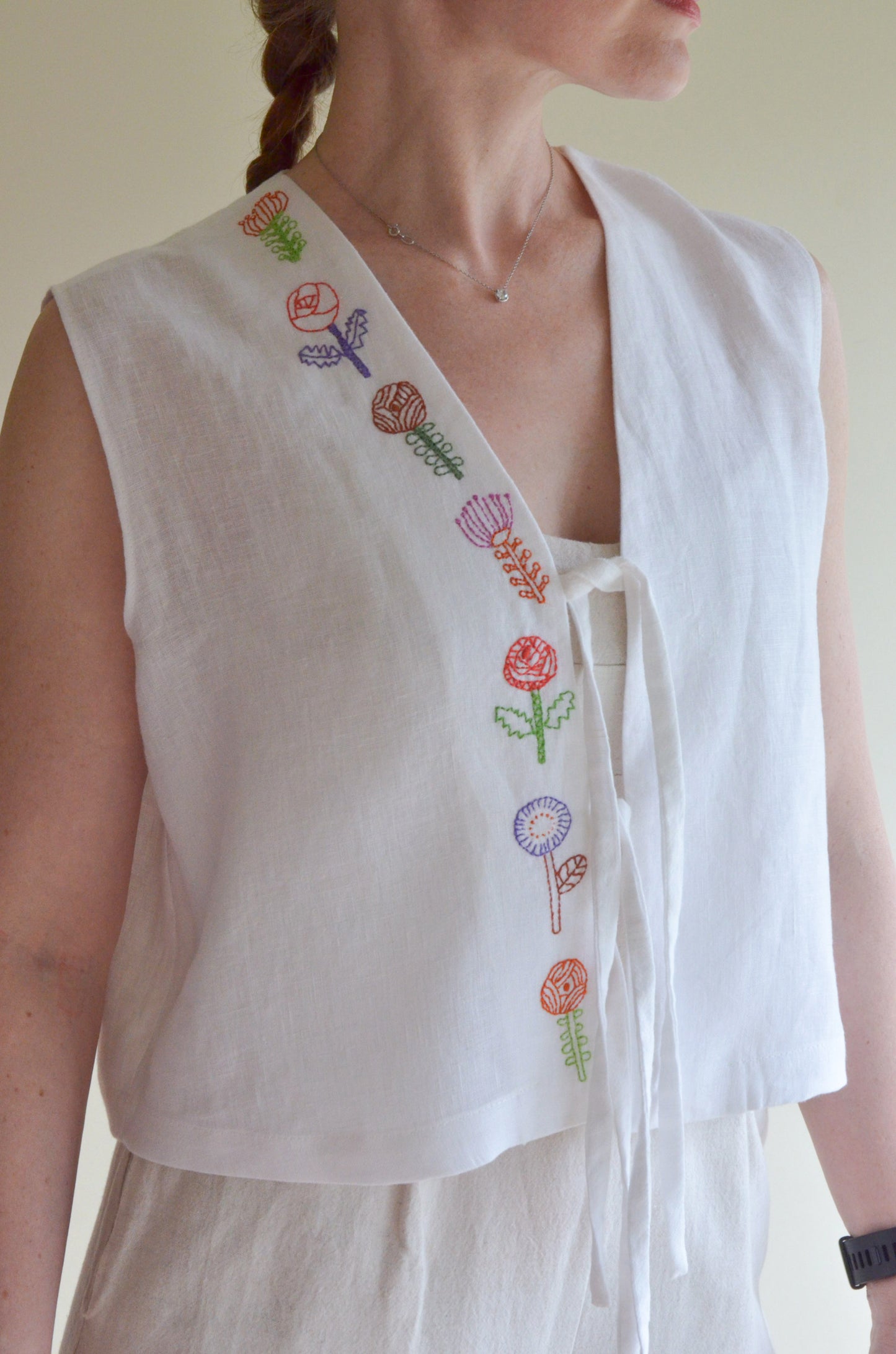 Tie-front Linen Vest with Embroidery