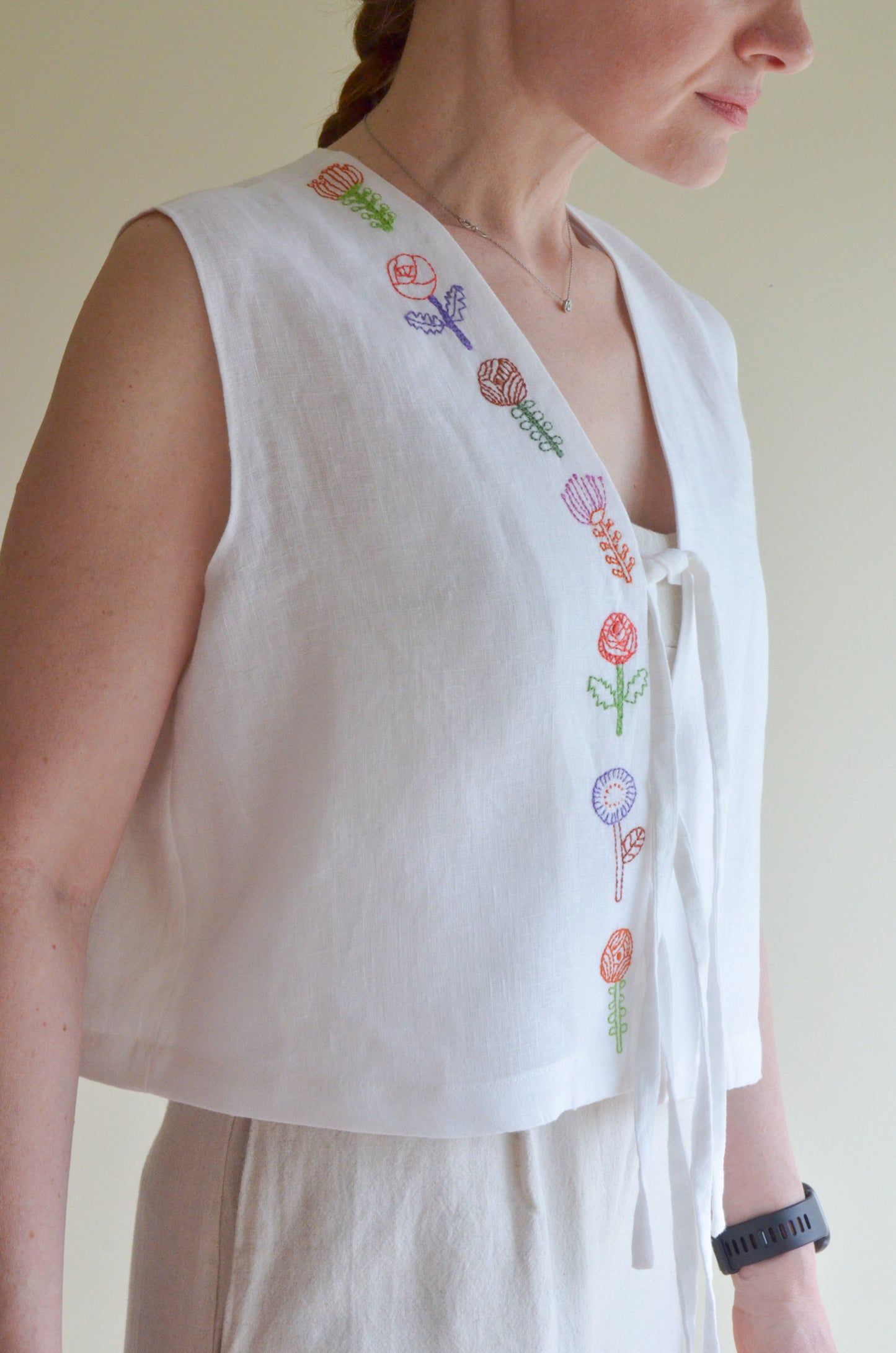 Tie-front Linen Vest with Embroidery