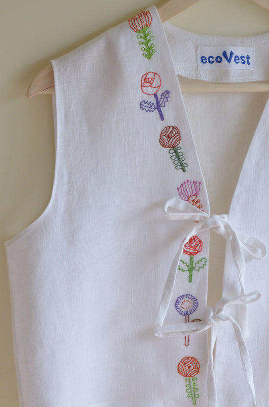 Tie-front Linen Vest with Embroidery