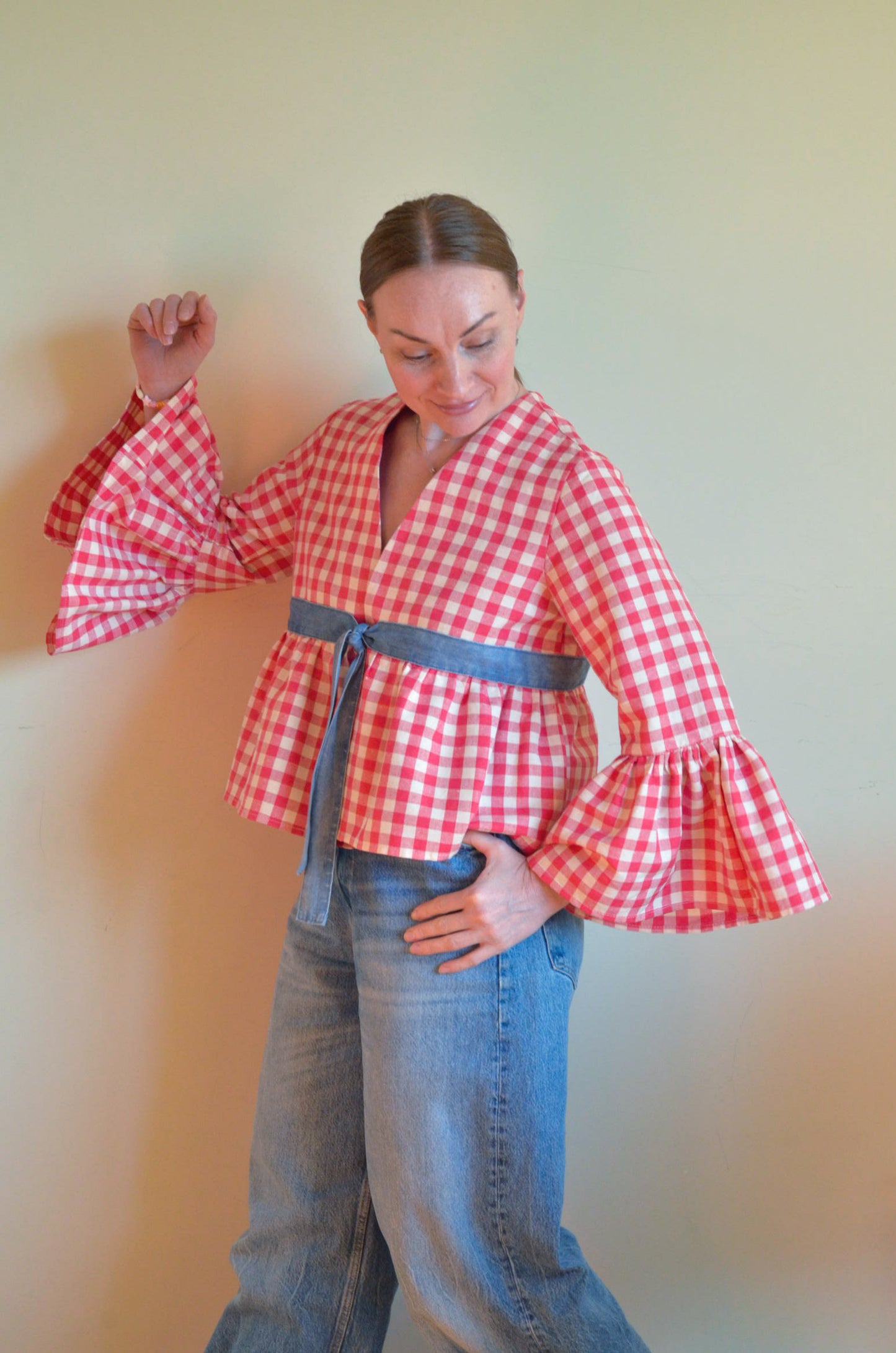 Plaid Blouse with Ties