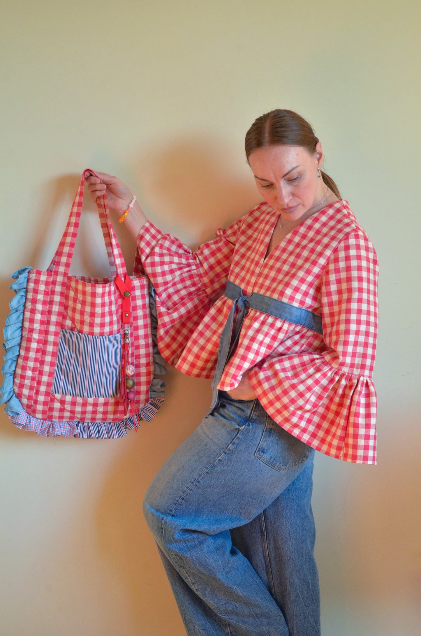 Plaid Blouse with Ties