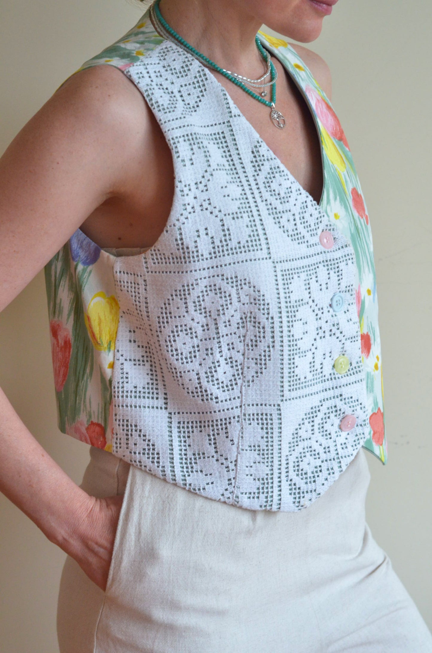 Vest With Vintage Lace and Tulips