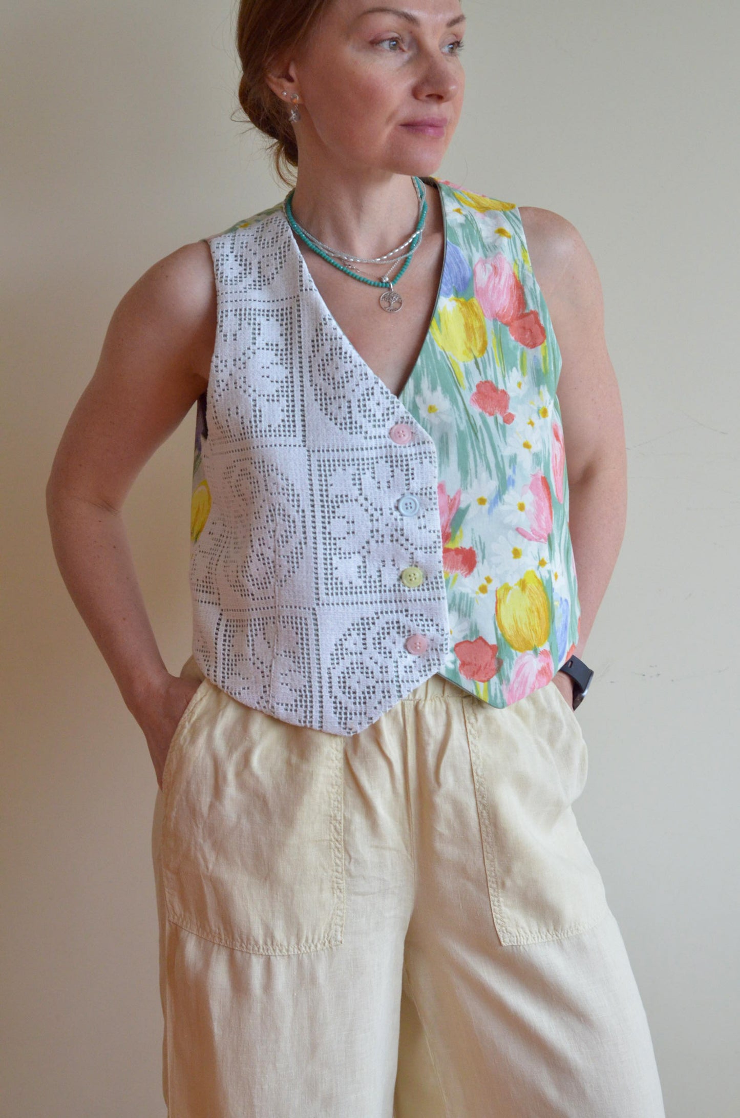 Vest With Vintage Lace and Tulips