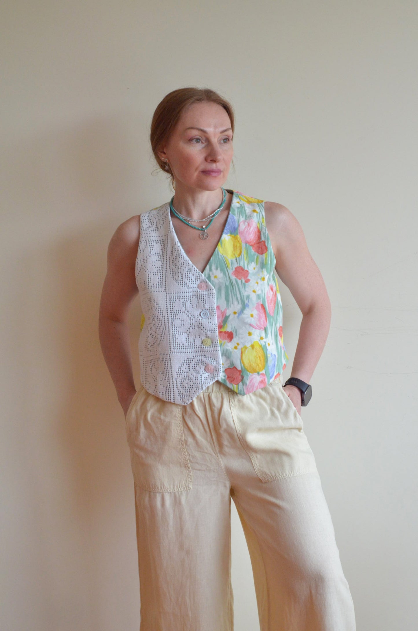 Vest With Vintage Lace and Tulips